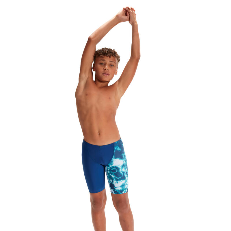 TIE-DYE 小童 (6-14 歲) 數碼印花 V-CUT及膝泳褲 - 藍色