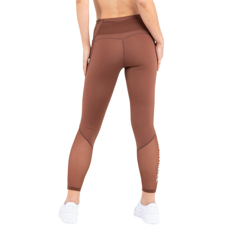 女裝多口袋高腰瑜珈褲透氣網底緊身褲 - 棕色