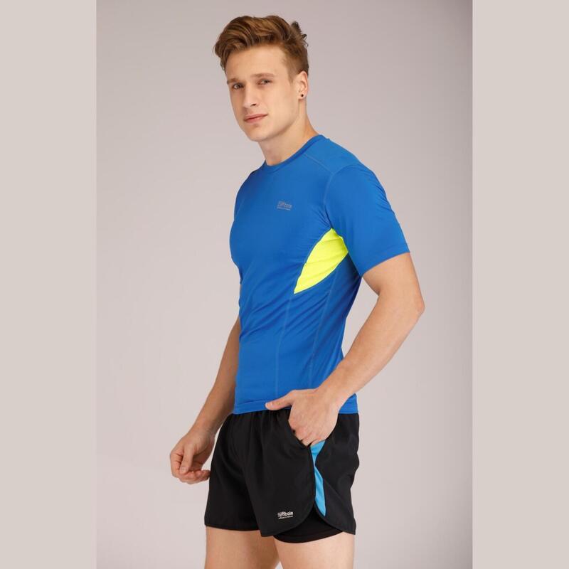 男裝排汗透氣修身短袖運動T恤 - 藍色/黃色