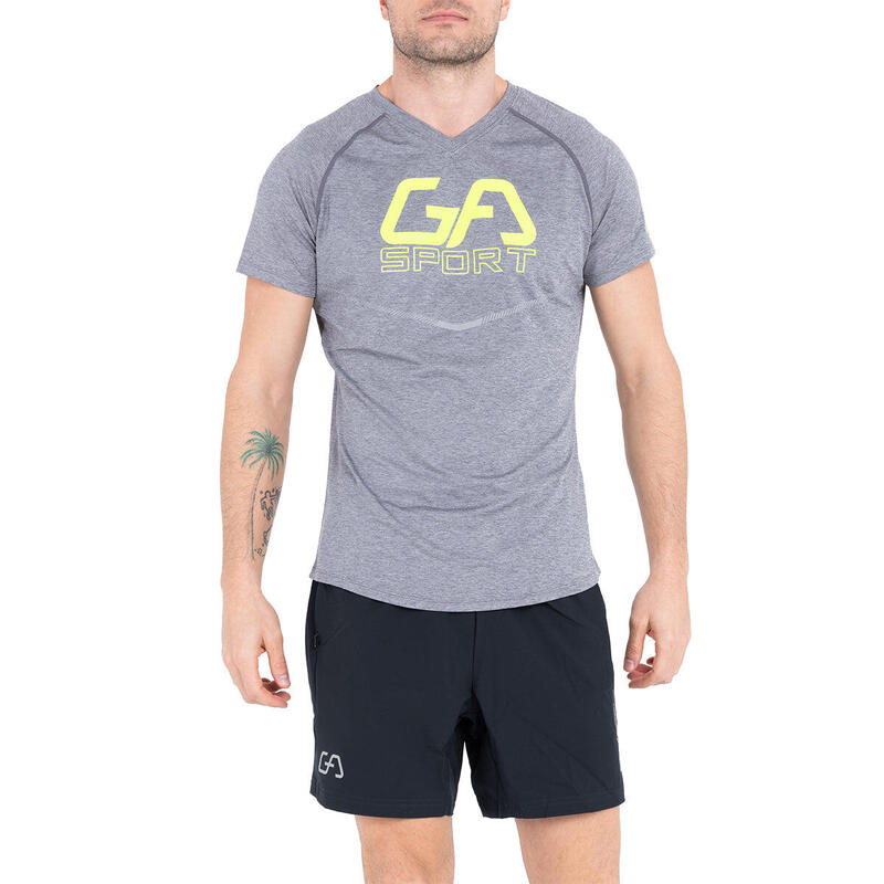 男裝LOGO修身V領跑步健身短袖運動T恤上衣 - 灰色
