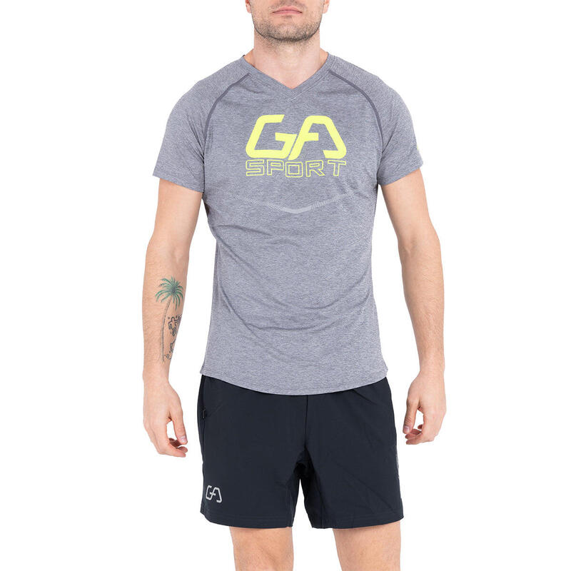 Men LOGO Tight-Fit V neck Gym Running Sports T Shirt Fitness Tee - GREY