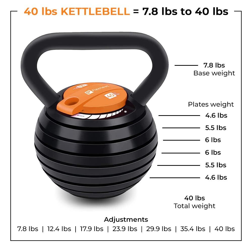 Flexnest Flexikettle 7-In-1 Adjustable Weight Kettlebell 10 lbs to 40 lbs Black & Orange