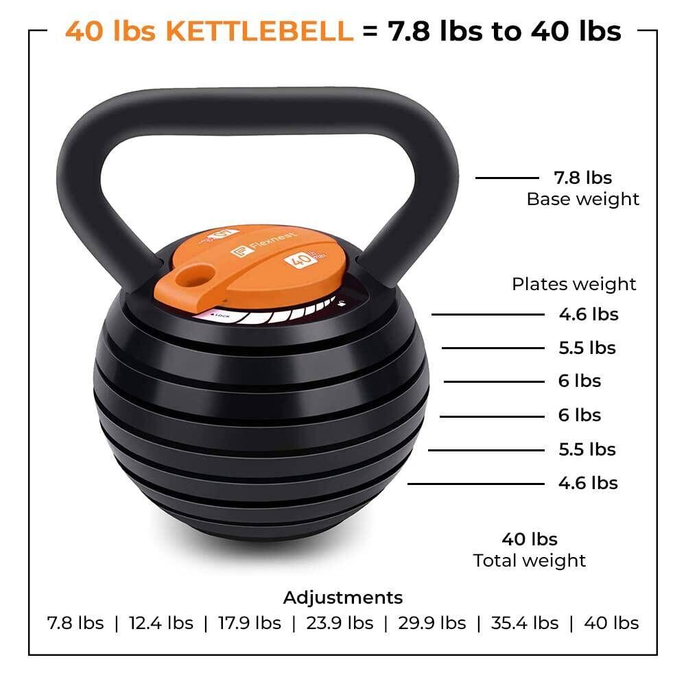 Flexnest Flexikettle 7-In-1 Adjustable Weight Kettlebell 10 lbs to 40 lbs Black & Orange -  3