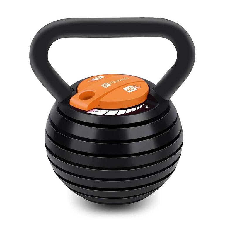 Flexnest Flexikettle 7-In-1 Adjustable Weight Kettlebell 10 lbs to 40 lbs Black & Orange