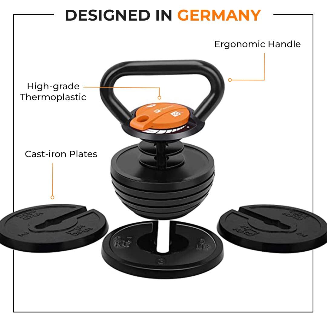 Flexnest Flexikettle 7-In-1 Adjustable Weight Kettlebell 10 lbs to 40 lbs Black & Orange