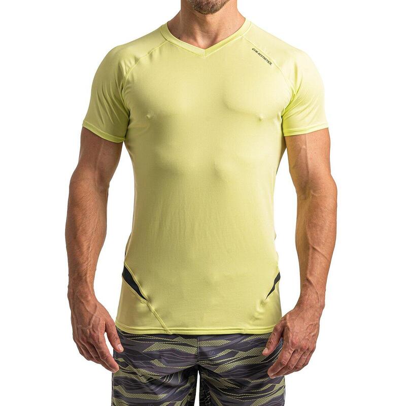 男裝V領6in1修身跑步健身短袖運動T恤上衣 - 黃色