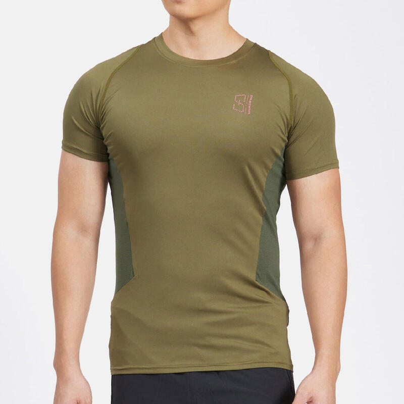 男裝LOGO修身彈性跑步健身短袖運動T恤上衣 - 橄欖綠色