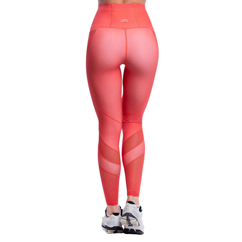 Women GA MultiPocket High-Waist Breathable Activewear Mesh Legging - Coral pink