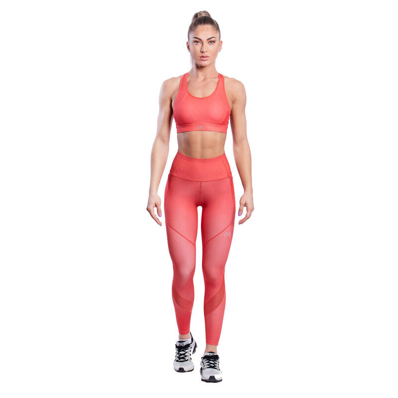 Women GA MultiPocket High-Waist Breathable Activewear Mesh Legging - Coral pink