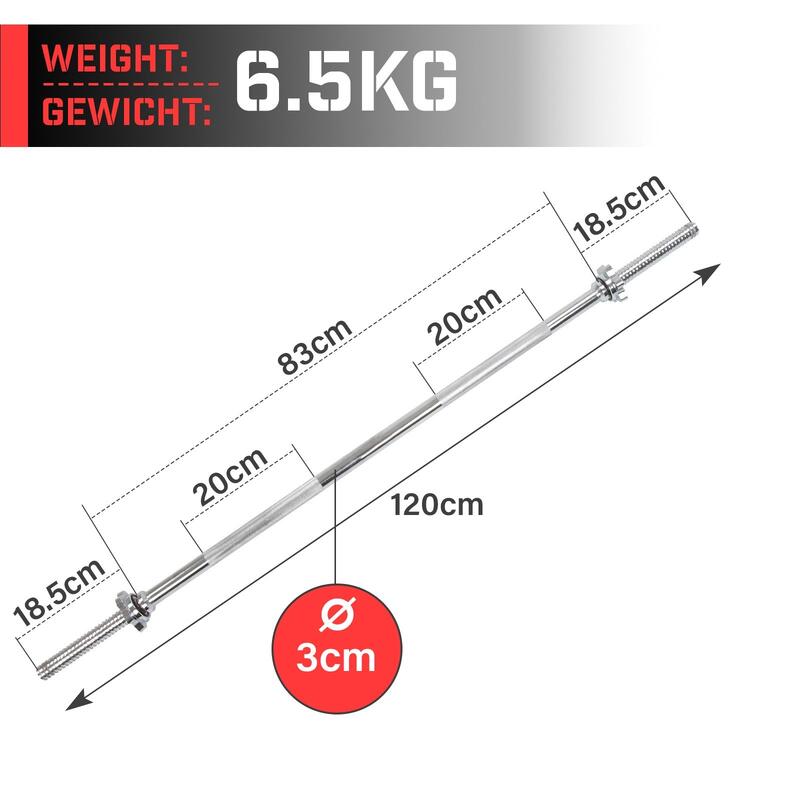 Barbell Physionics 120 cm 30 mm cromat
