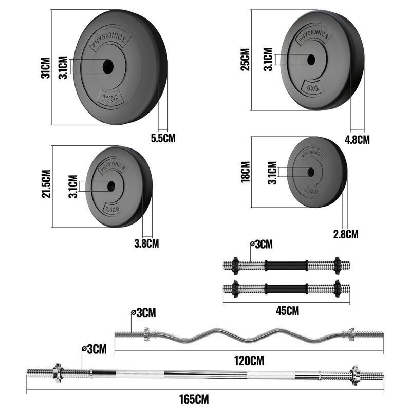 Physionics Barres d'haltères avec poids 125 kg