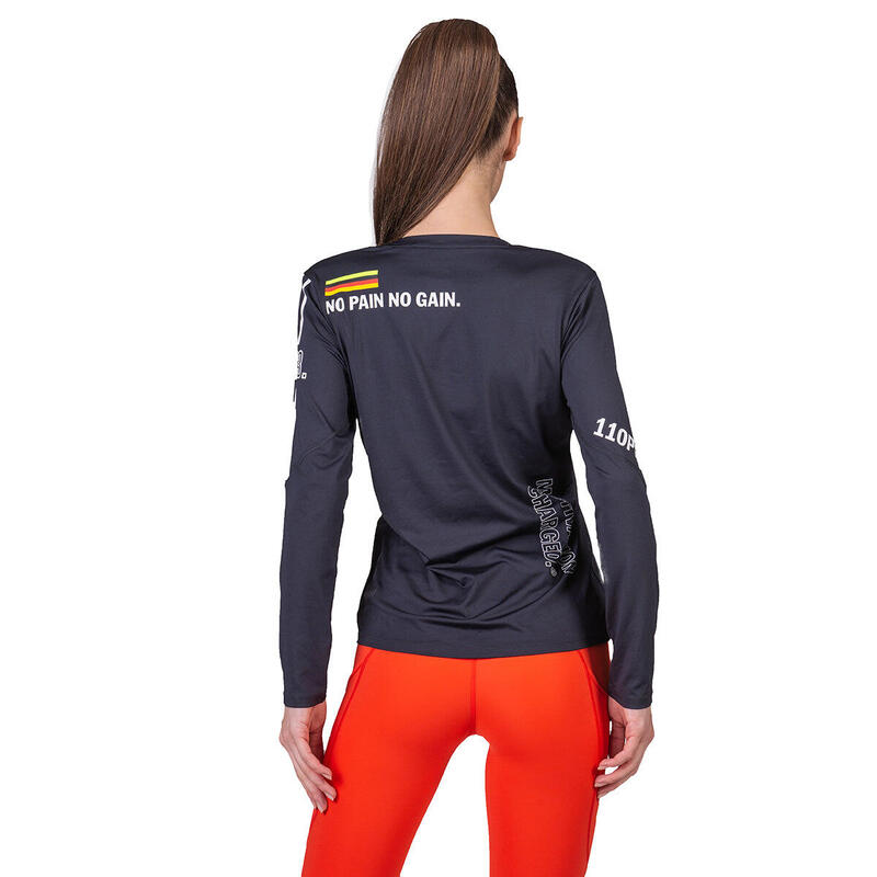 Women Print Polyester Long Sleeve Gym Running Sports T Shirt Tee - BLACK