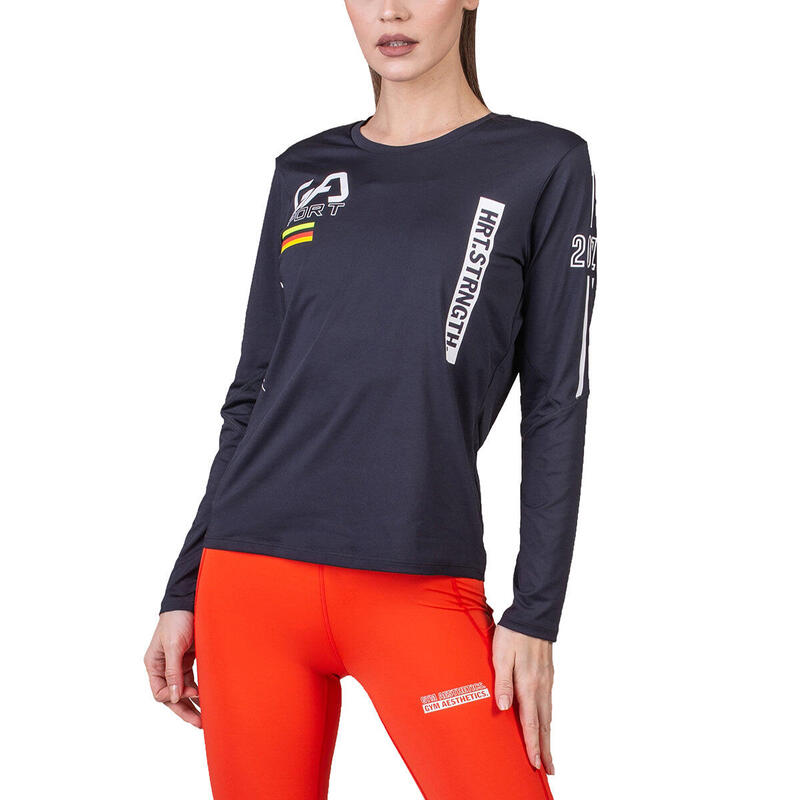 Women Print Polyester Long Sleeve Gym Running Sports T Shirt Tee - BLACK