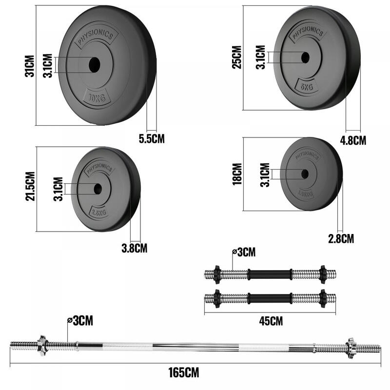 Physionics Barres d'haltères avec poids 108 kg