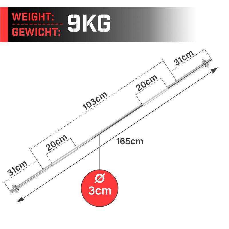 Physionics Barre d'haltères 165cm