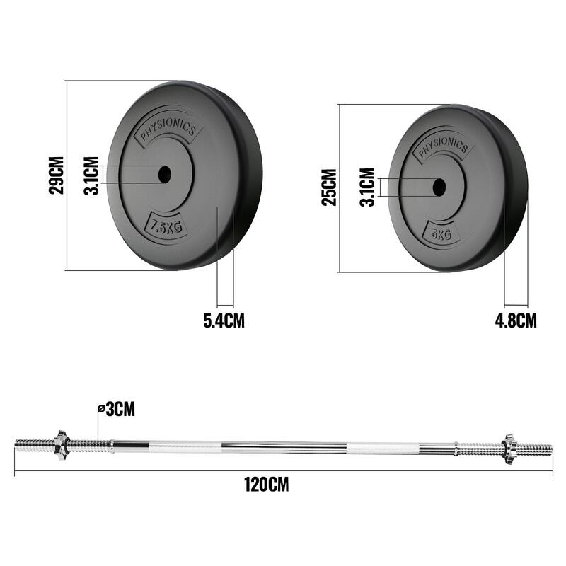 Physionics Barre d'haltères avec poids 30 kg