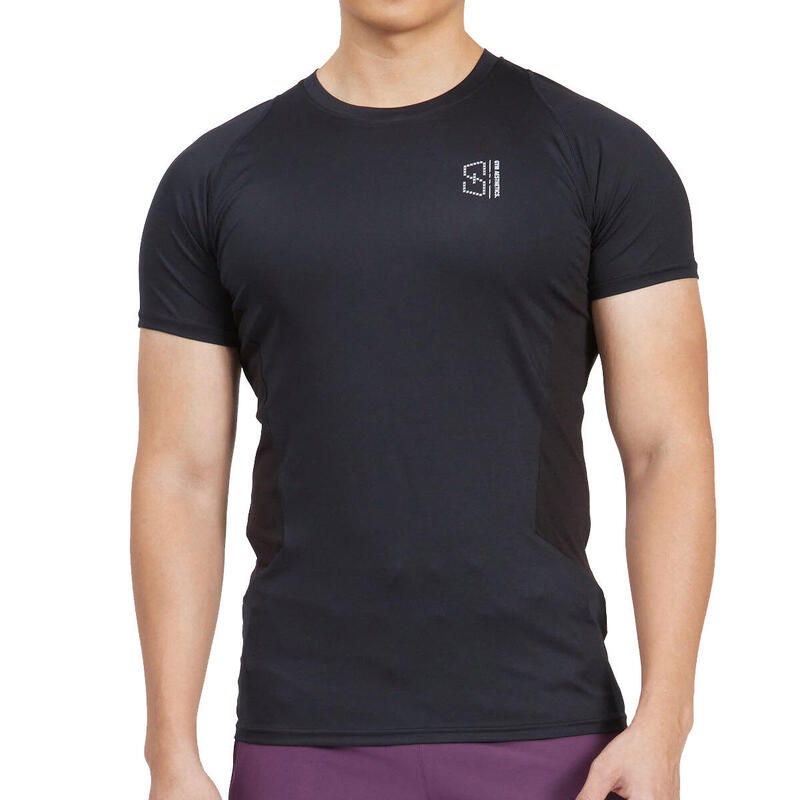 男裝LOGO修身彈性跑步健身短袖運動T恤上衣 - 黑色