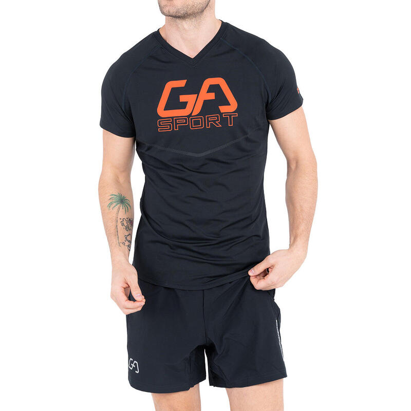 Men LOGO Tight-Fit V neck Gym Running Sports T Shirt Fitness Tee - BLACK
