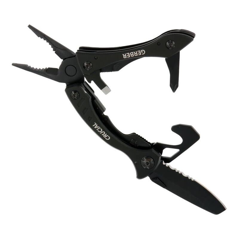 Crucial Black (with strap cutter) Multi-Funcitonal Medium Pocket Knife - Black