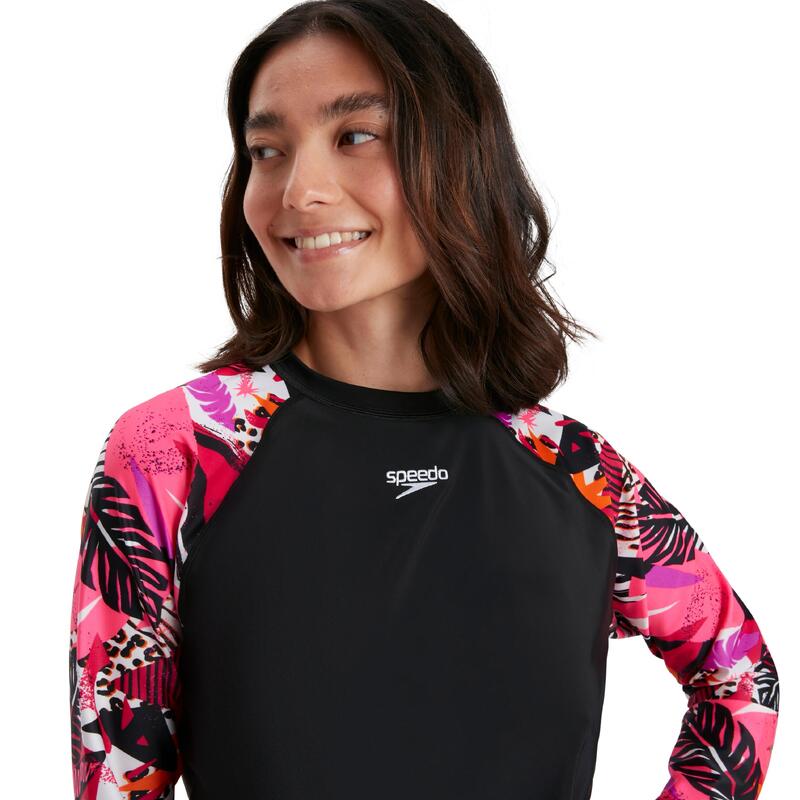 ECO ENDURABRITE LADIES' TROPICAL FOLIAGE LONG SLEEVE SWIM TEE - PINK