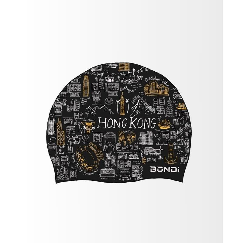 香港手繪 中性 印花 矽膠泳帽 - 黑色