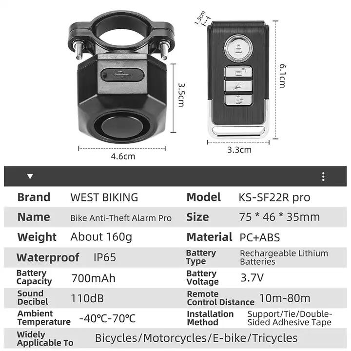 Alarma antifurt bicicleta, moto, trotineta, telecomanda wireless, incarcare USB
