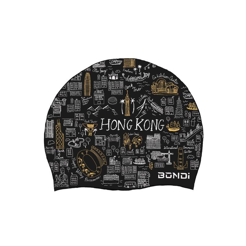 香港手繪中性印花矽膠泳帽 - 黑色