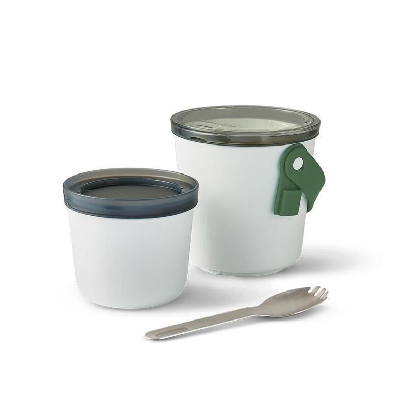 手挽雙層食物盒 (PP) 連餐叉 20oz (600ml) - 橄欖綠色