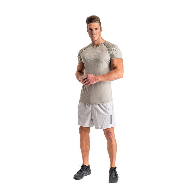 Men GA Logo Tight-Fit Gym Running Sports T Shirt Fitness Tee - BEIGE