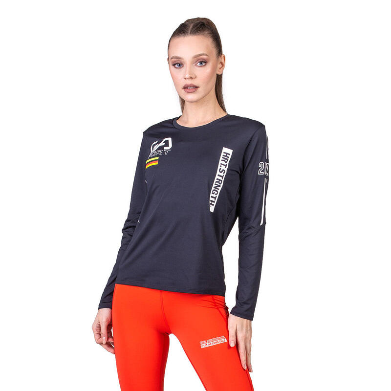 Women Print Polyester Long Sleeve Gym Running Sports T Shirt Tee - BLACK