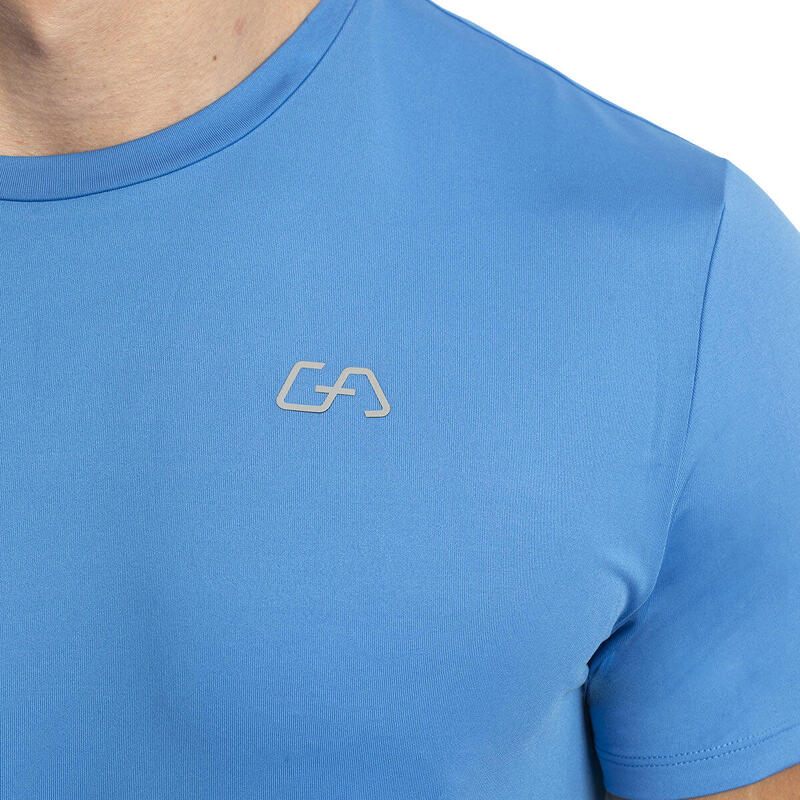 男裝純色修身彈性跑步健身短袖運動T恤上衣 - 藍色