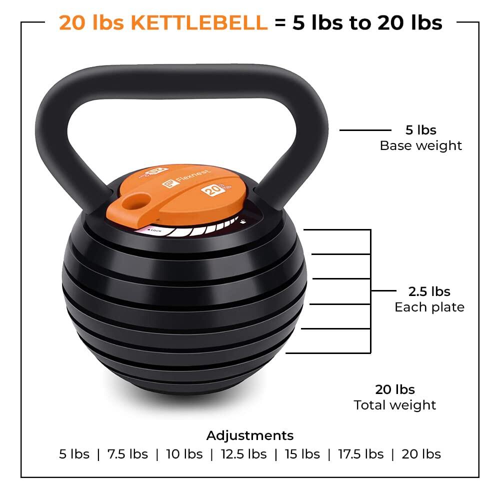 Flexnest Flexikettle 7-In-1 Adjustable Weight Kettlebell 5 lbs to 20 lbs Black & Orange