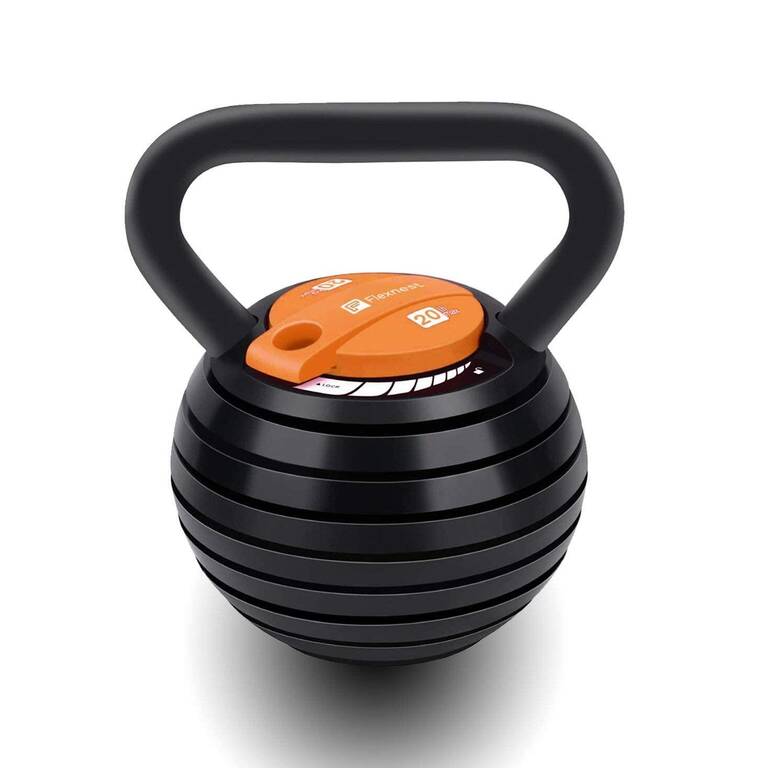 Flexnest Flexikettle 7-In-1 Adjustable Weight Kettlebell 5 lbs to 20 lbs Black & Orange