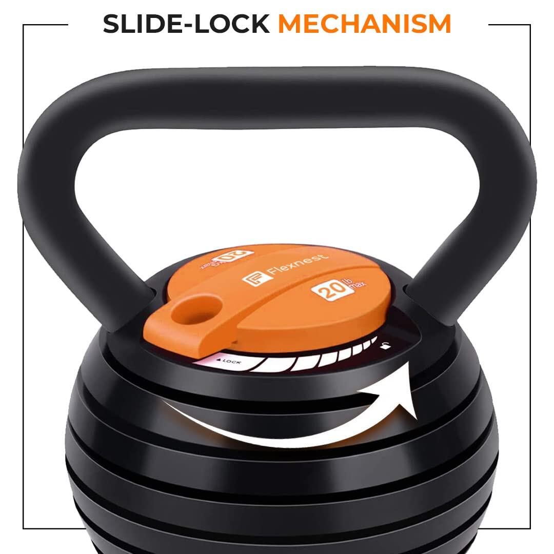 Flexnest Flexikettle 7-In-1 Adjustable Weight Kettlebell 5 lbs to 20 lbs Black & Orange