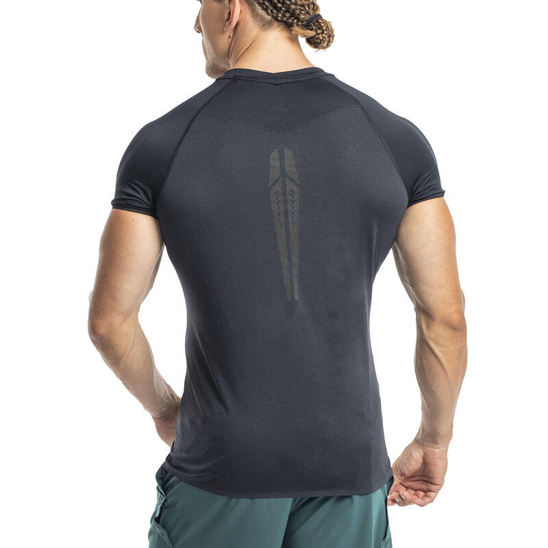 Men Print Tight-Fit V neck Gym Running Sports T Shirt Fitness Tee - BLACK
