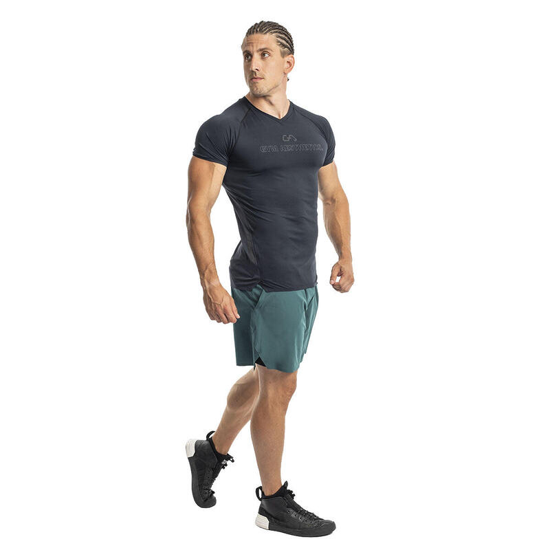 男裝LOGO修身V領跑步健身短袖運動T恤上衣 - 黑色