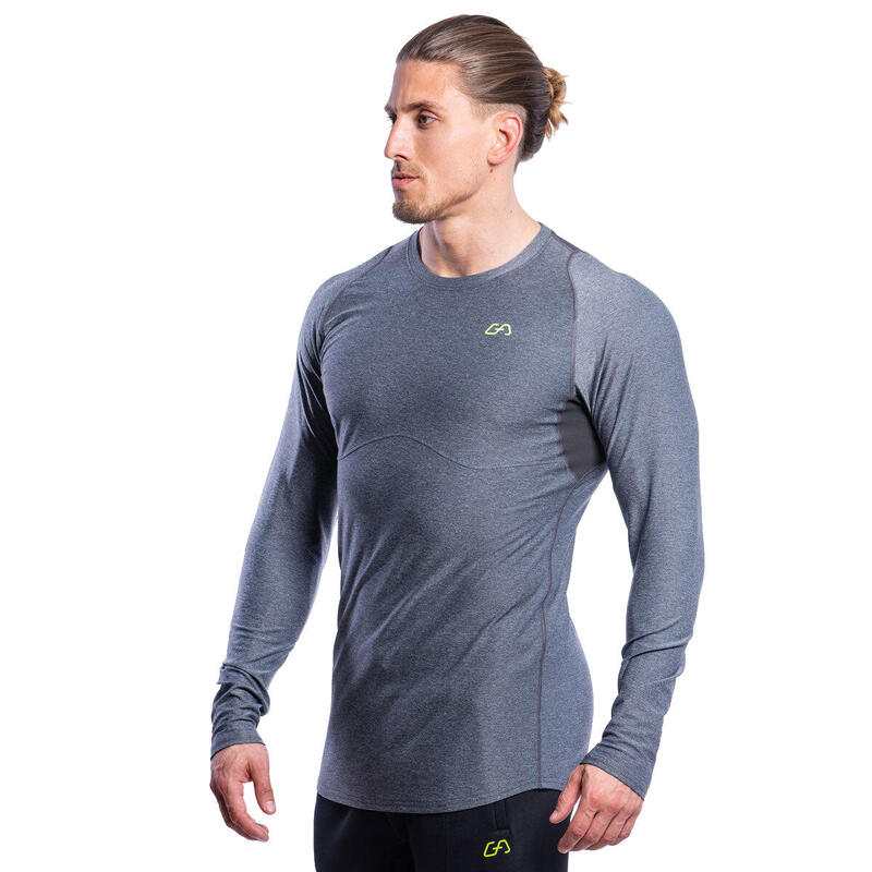 Men Printed Tight-Fit Long Sleeve Gym Running Sports T Shirt Tee - GREY