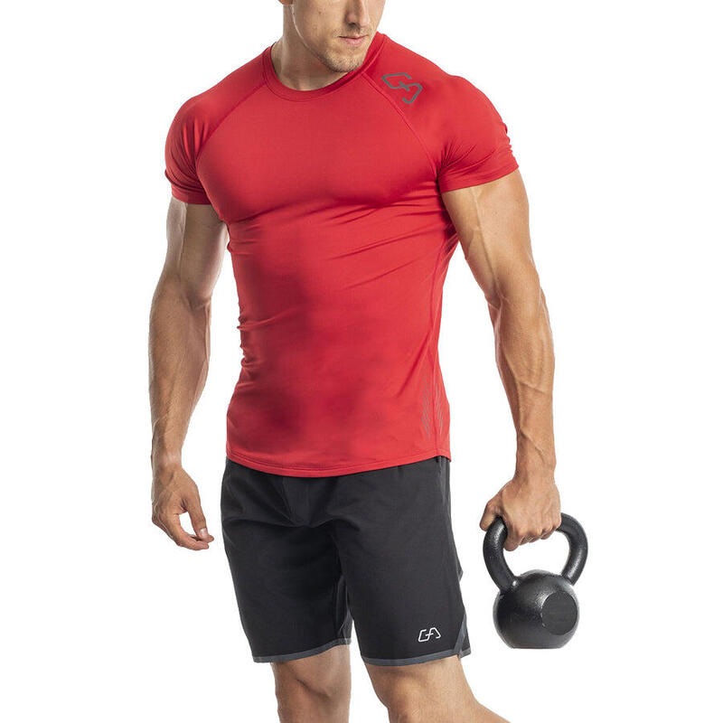 Men Stretchy Tight-Fit Gym Running Sports T Shirt Fitness Tee - RED