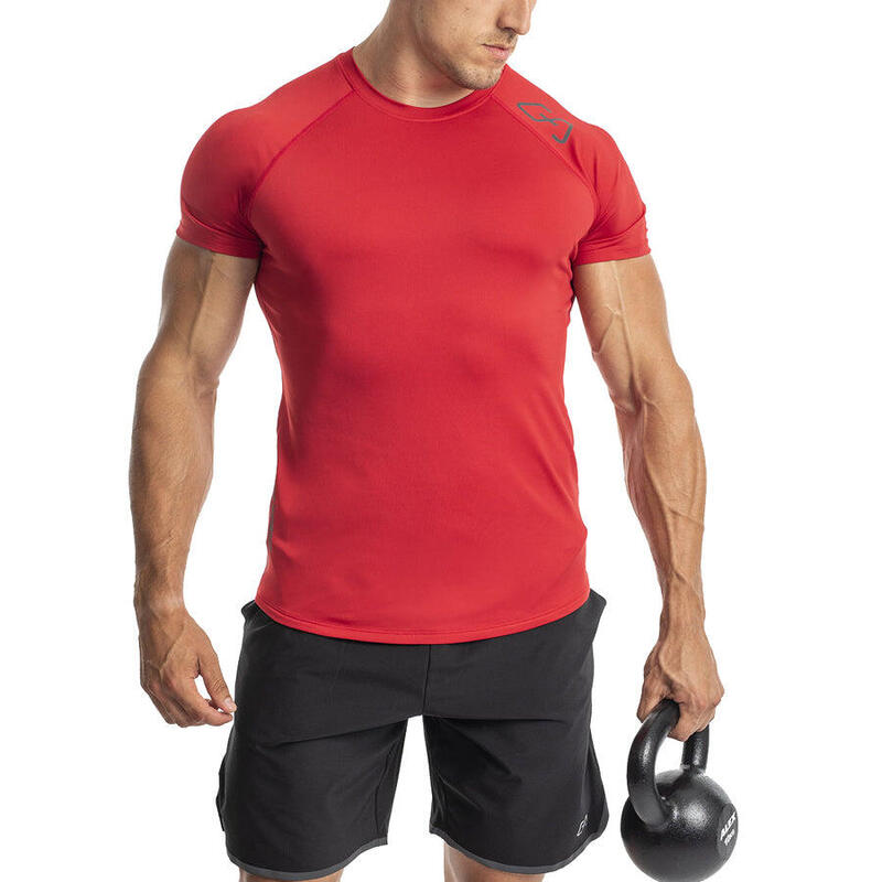 Men Stretchy Tight-Fit Gym Running Sports T Shirt Fitness Tee - RED