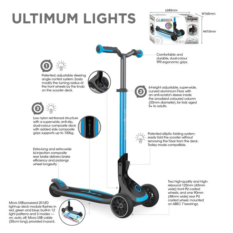 Ultimum Kid's Lights Foldable Scooter - Sky Blue