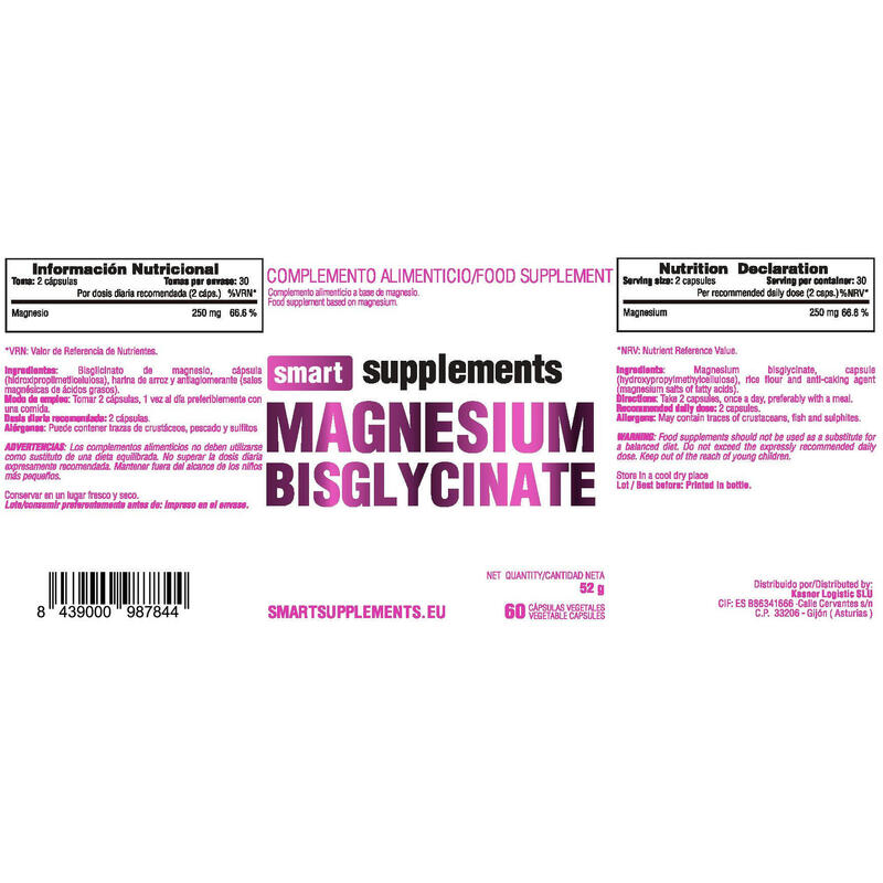 Bisglicinato de Magnesio - 60 Cápsulas Vegetales de Smart Supplements