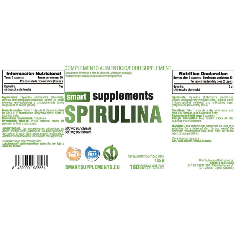 Espirulina 500mg - 180 Cápsulas vegetales de Smart Supplements