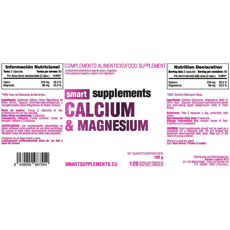 Calcio y Magnesio - 120 Cápsulas Vegetales de Smart Supplements