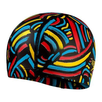 Speedo junior pace cap met print - zwart / lavarood / heldergeel