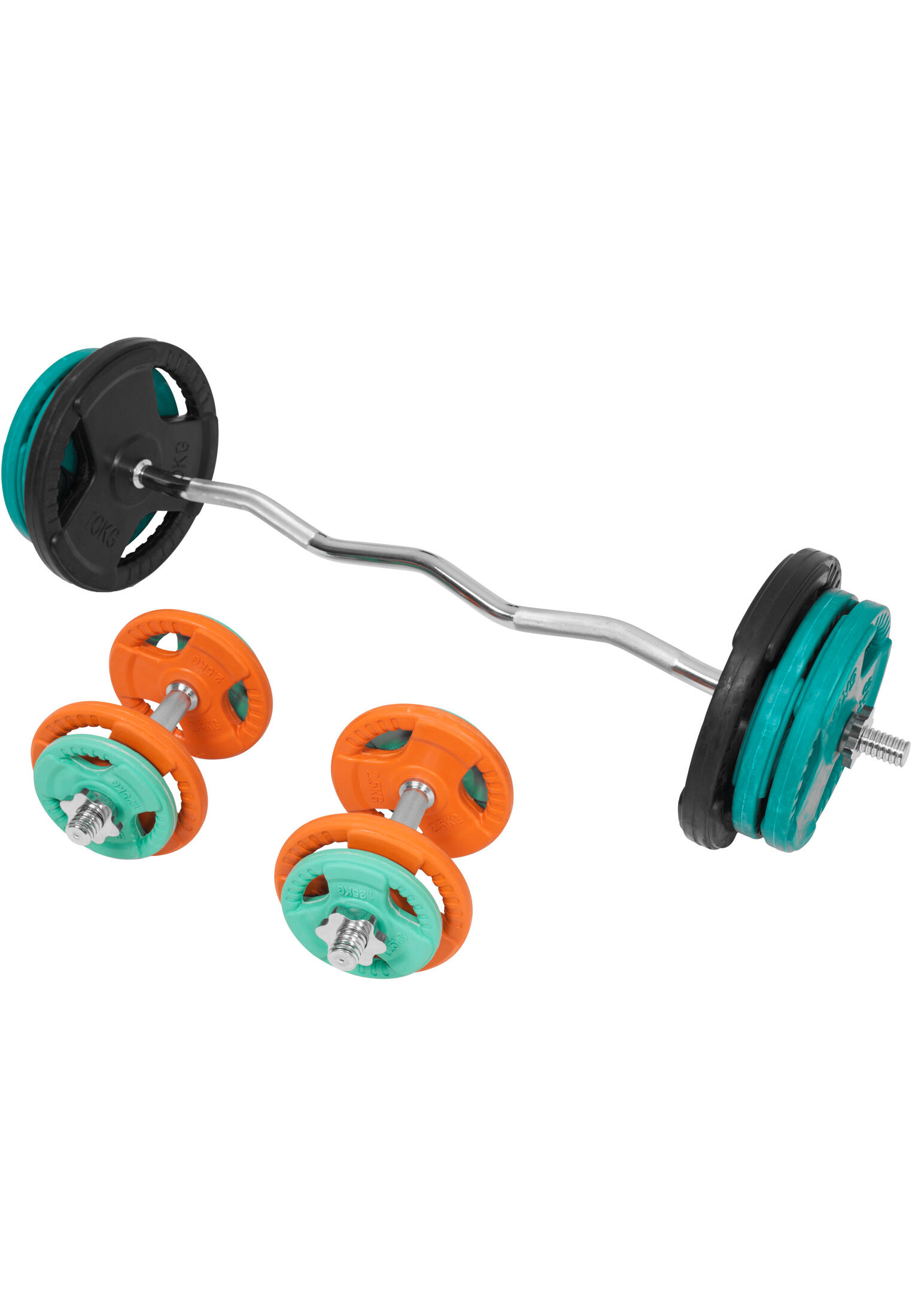 KIT 68KG AVEC POIDS EN CAOUTCHOUC GRIP ET BARRE CURL | DIAMETRE 30/31MM | MUSCUL 5/7