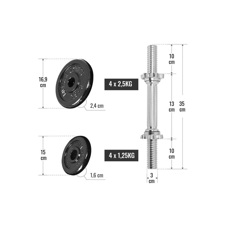 KIT HALTÈRES EN FONTE NOIR 20KG | MUSCULATION | VALISE DE TRANSPORT | 30MM/31MM