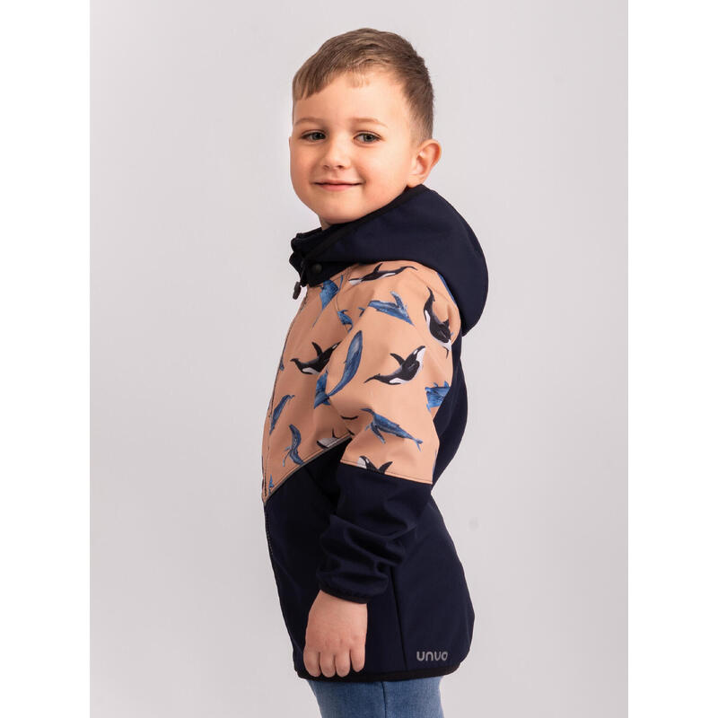 Dětská softshellová bunda s fleecem Slim, Tm. Modročerná, Meruňková, Velryby