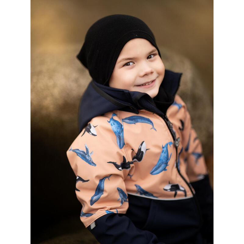 Dětská softshellová bunda s fleecem Slim, Tm. Modročerná, Meruňková, Velryby