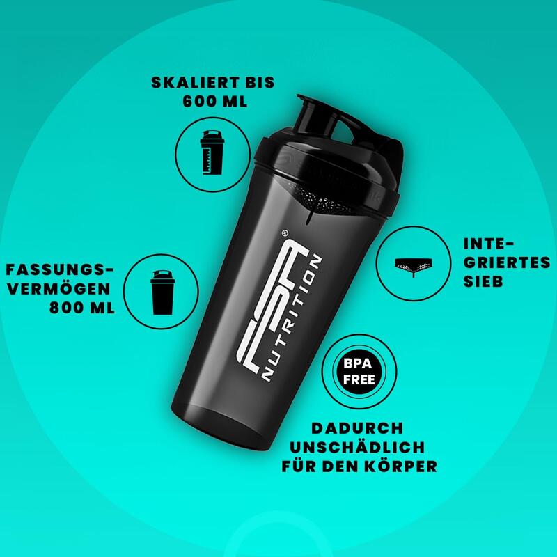 Protein Shaker 800ml auslaufsichere Trinkflasche - Schwarz