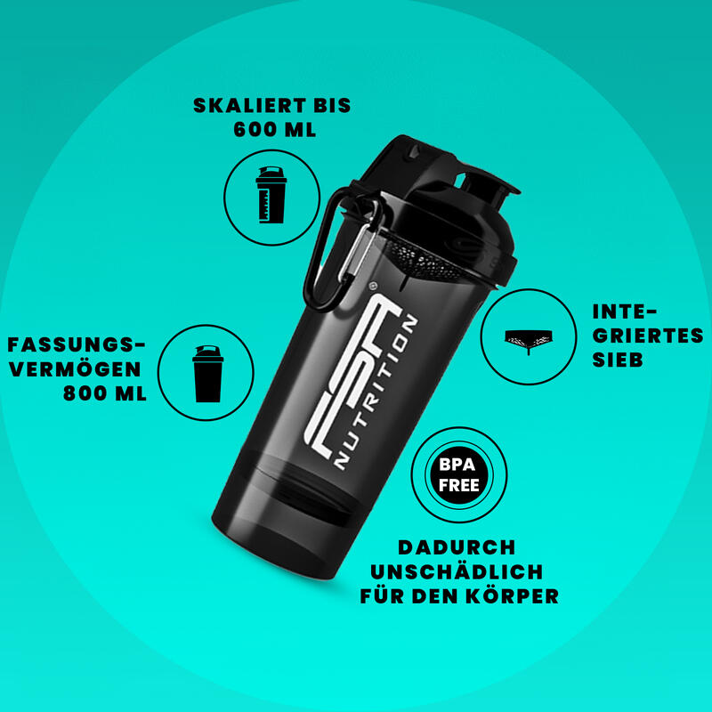 Protein Shaker 800ml mit Pulverfach für cremige Proteinshakes - Schwarz